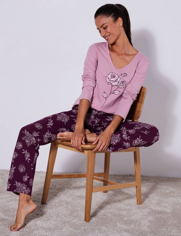 Pyjama en coton manches longues imprimé roses (prune / rose) Pyjama en coton manches longues imprimé roses (prune / rose)